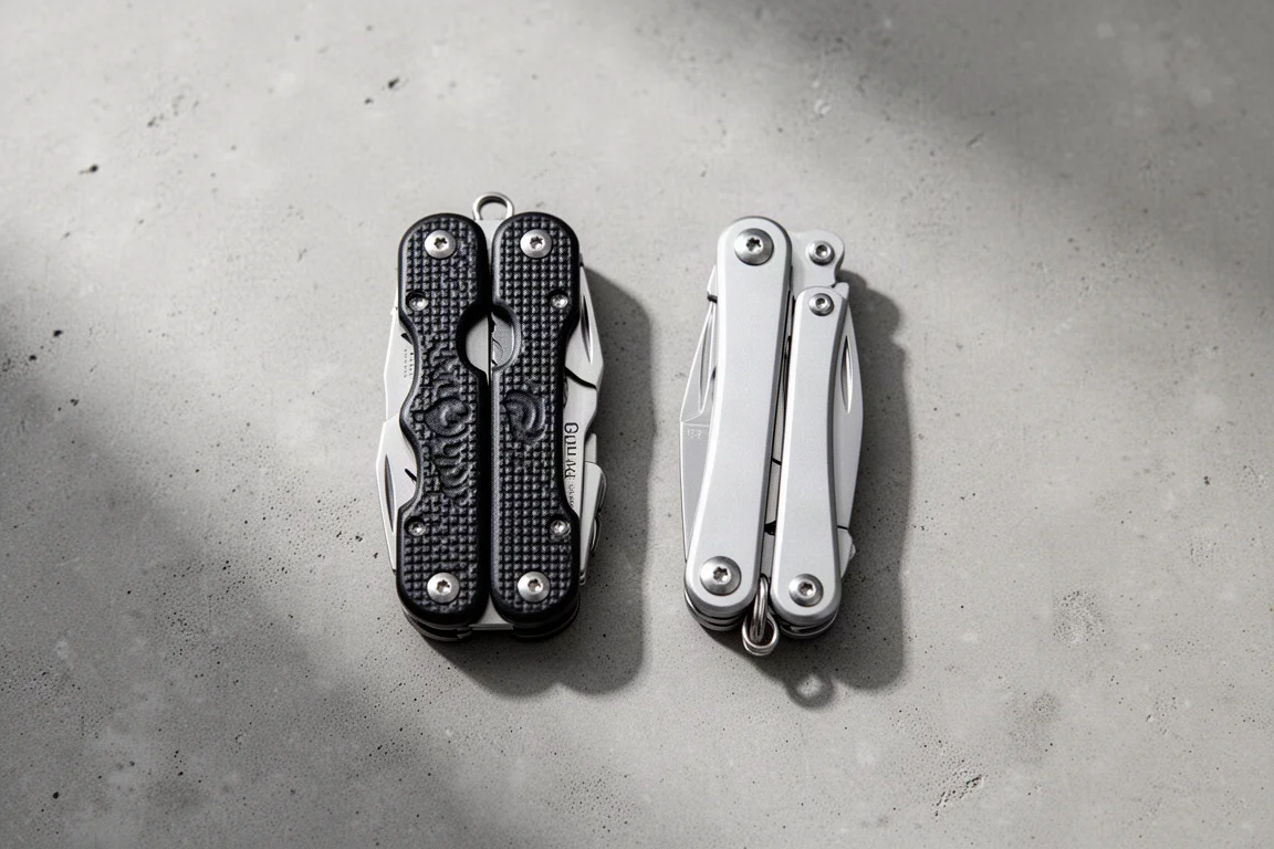 Two pocket multi-tools side by side for size comparison on grey surface