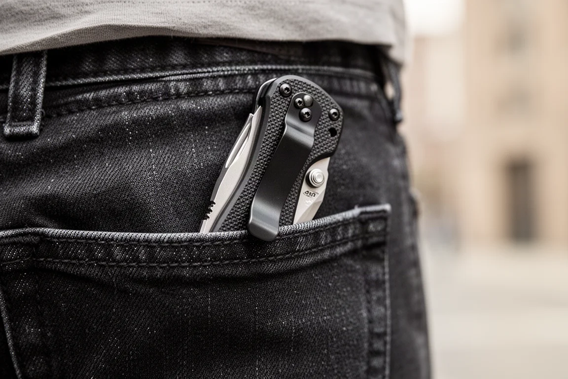 Pocket multi-tool clipped inside a jeans pocket during everyday carry