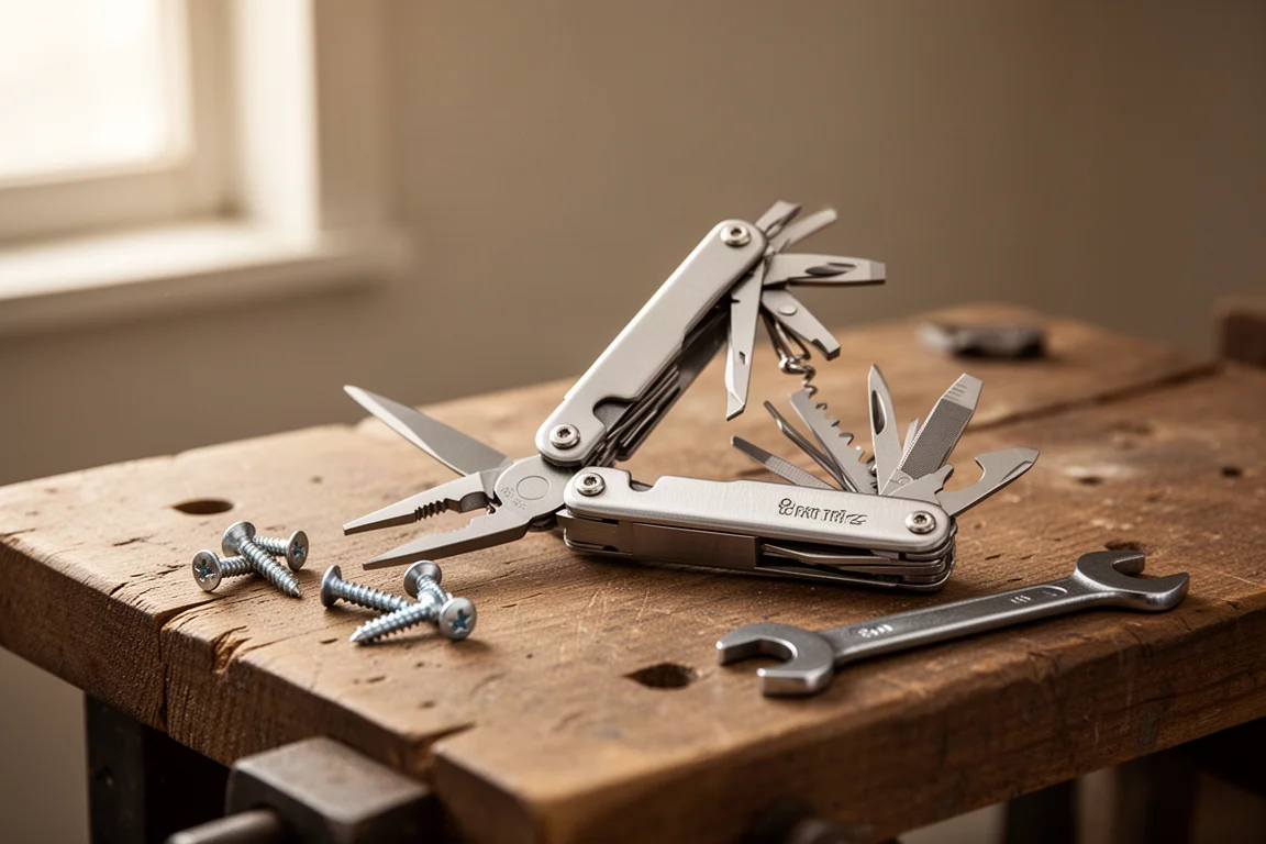 Multi-tool with pliers open on a wooden workbench beside small hardware