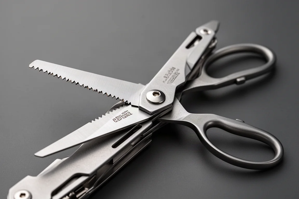 Multi-tool saw blade and scissors detail in soft daylight