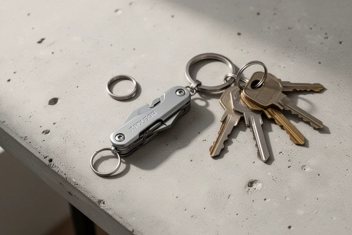 Keychain multi-tool on a desk with keys and a split ring