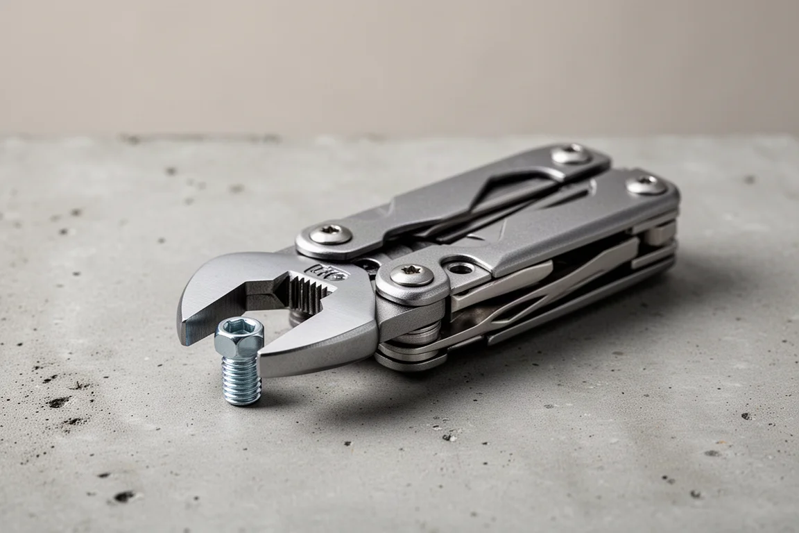 Compact multi-tool with adjustable wrench open gripping a bolt