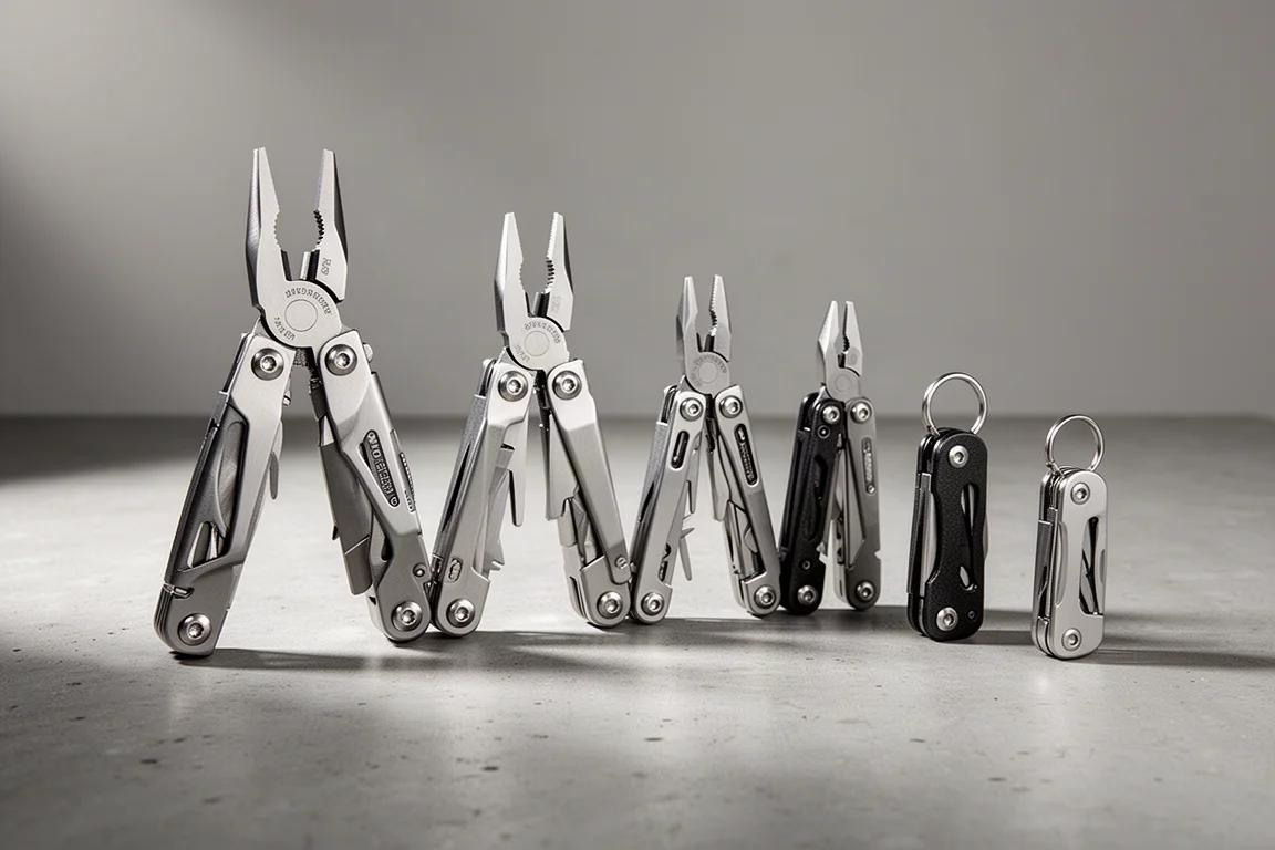 Six multi-tools of varying sizes lined up on a concrete surface