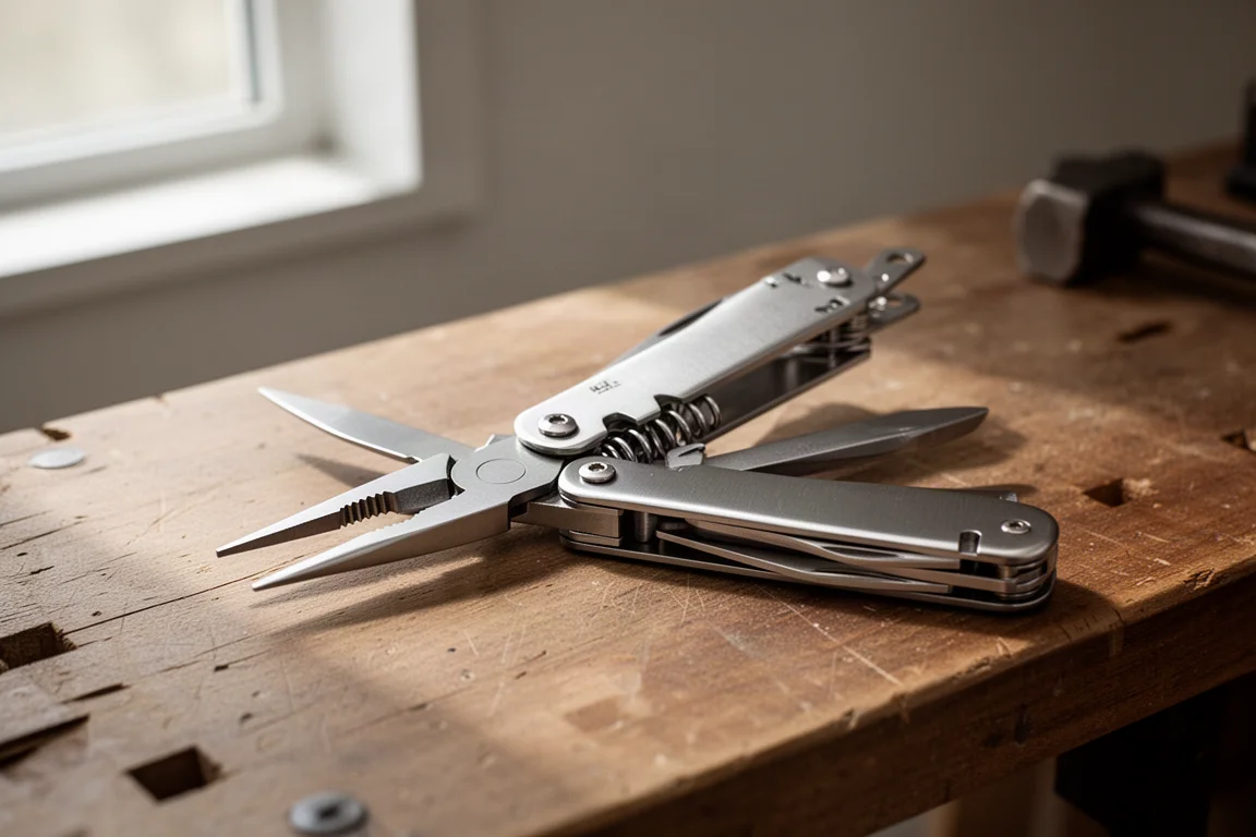 Large folding multi-tool with pliers open on a wooden workbench