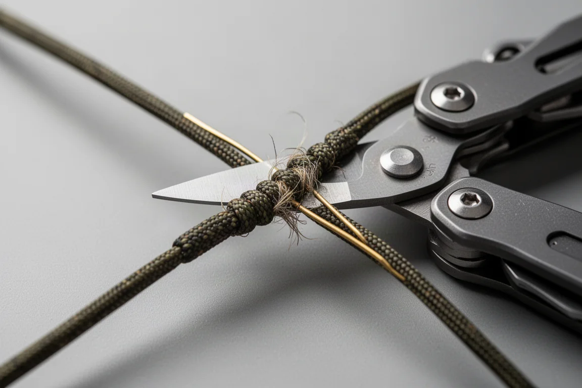 Multi-tool scissors cutting through paracord strands on a table