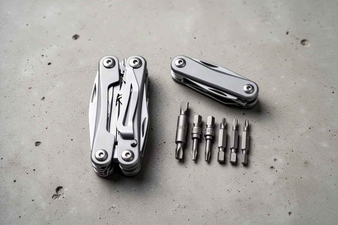 Multi-tool and small bit kit laid out on a concrete garage surface
