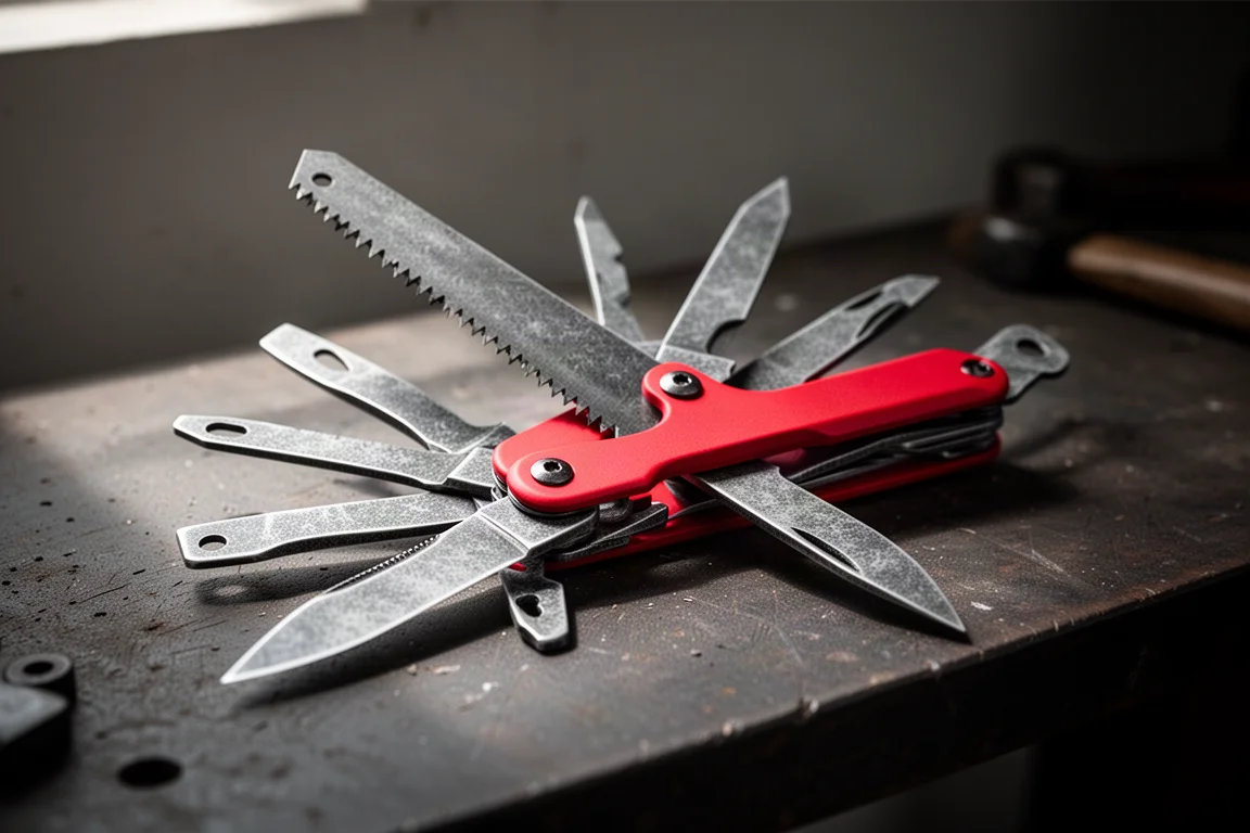 Red folding multi-tool opened on a workbench with blades and implements visible