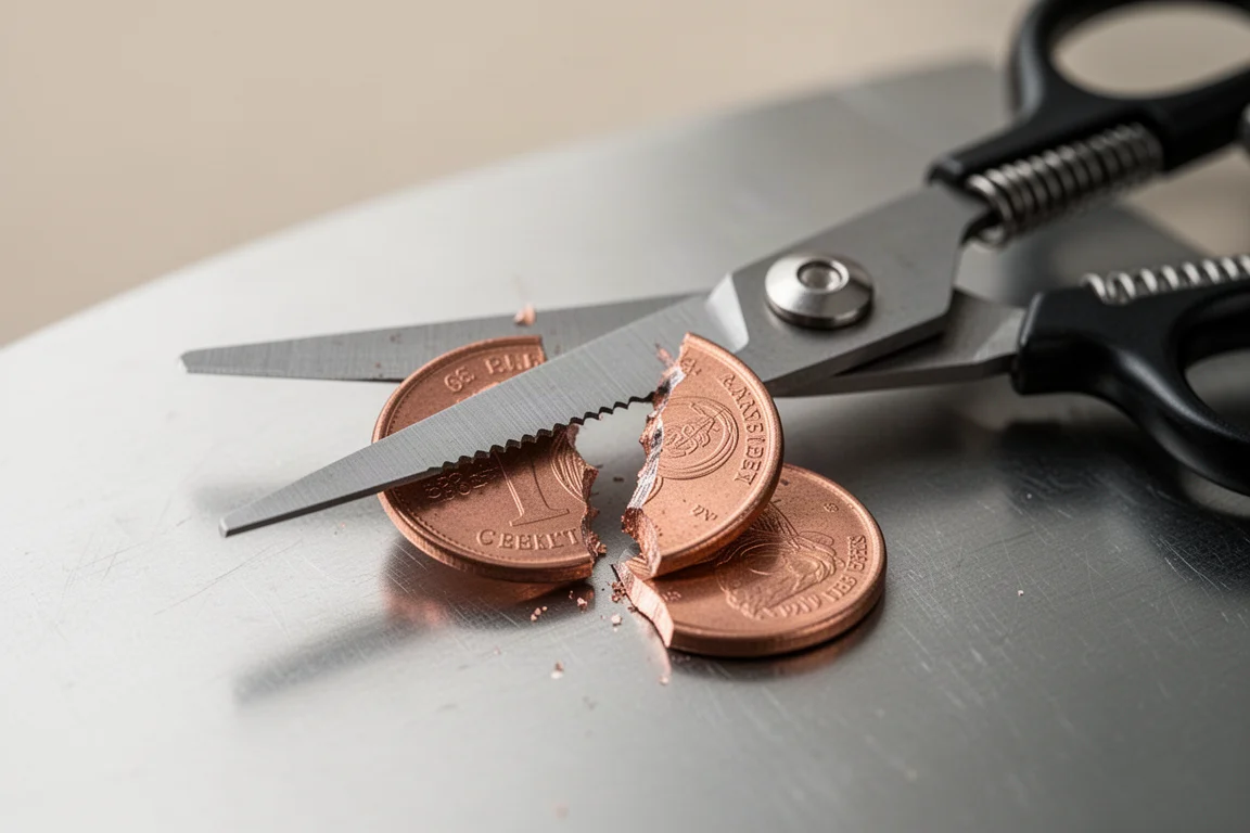 Trauma shears cutting through a copper coin, clean cut edge visible
