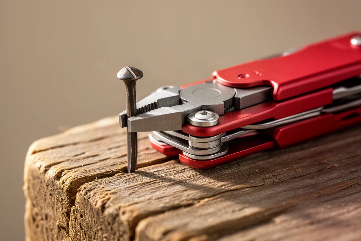 Folded multi-tool with plier jaws gripping a nail flush against a wooden surface