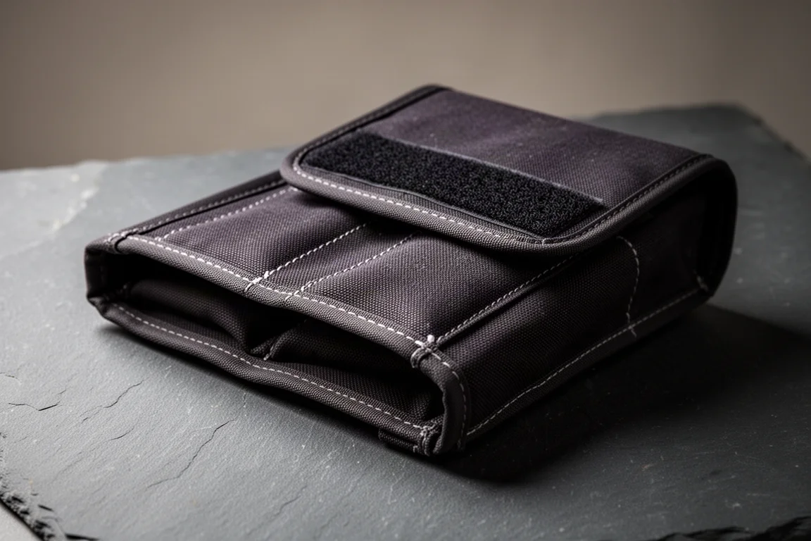 Hefty fabric multi-tool carry case with Velcro closure lying on a dark surface
