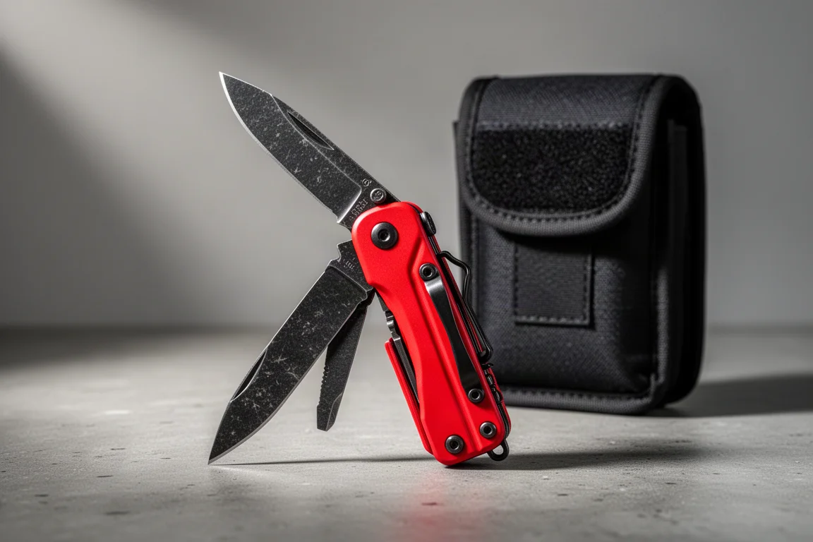 Bright red Nextorch Pioneer multi-tool partially unfolded on a concrete surface with carry case behind