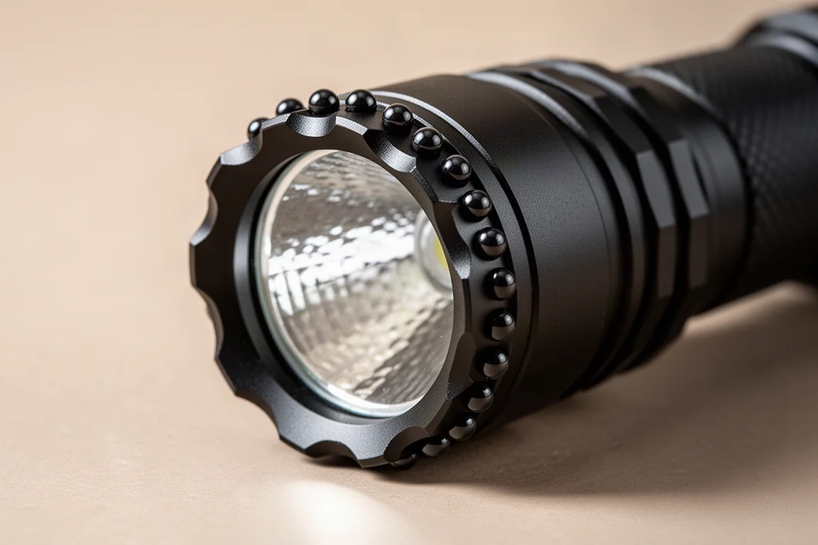 Close-up of a flashlight strike bezel with ceramic bead inserts on a dark surface