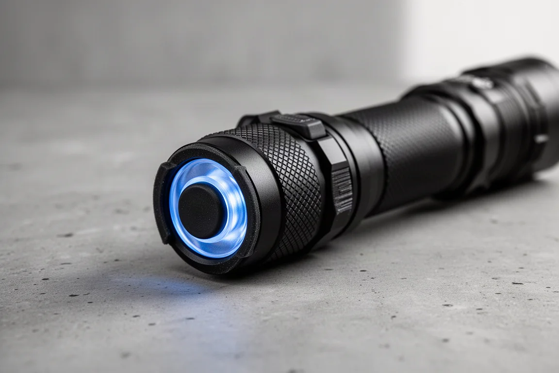 Rotary collar and illuminated tail switch on the rear of a flashlight