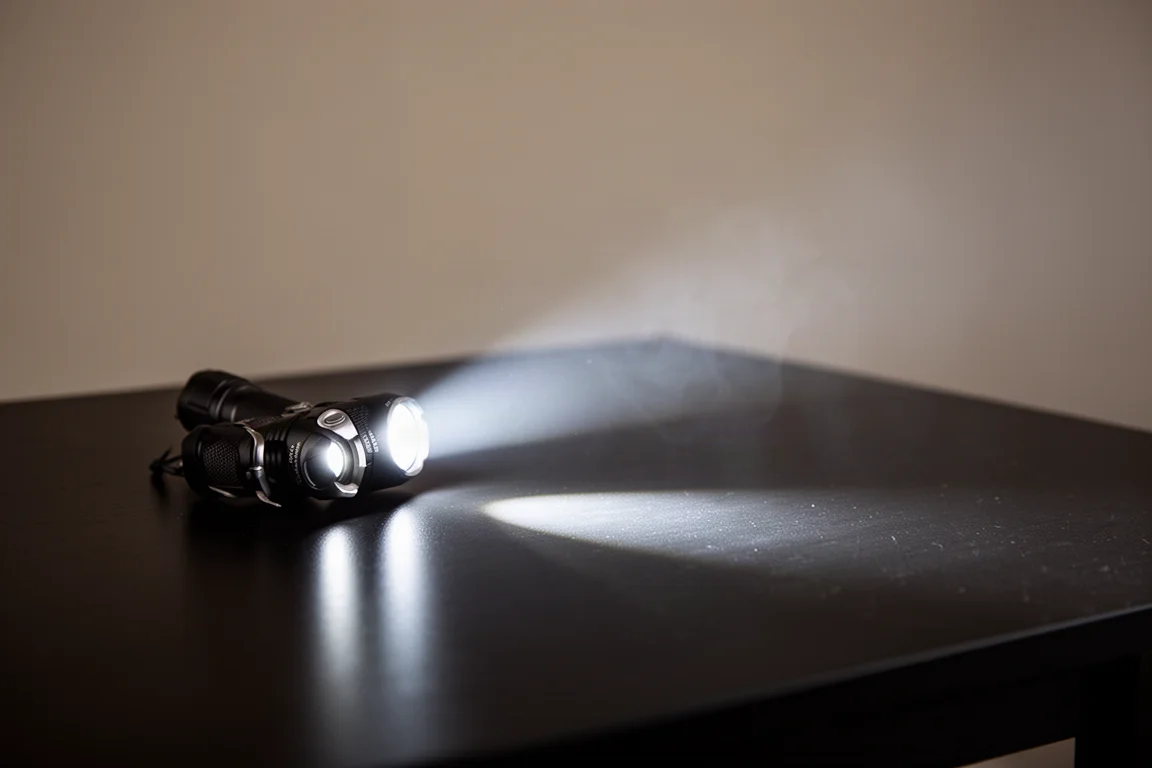 Flashlight beam projecting a tight concentrated hotspot across a dark room