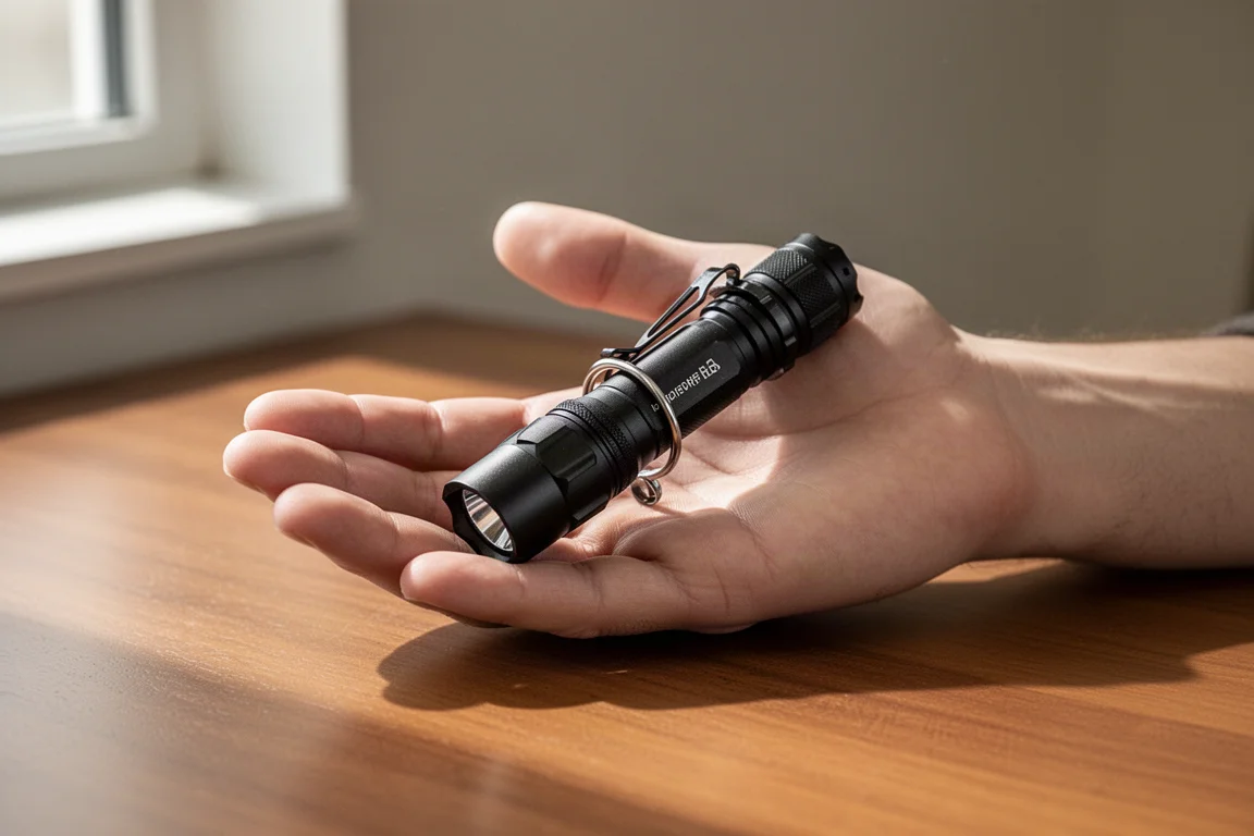 Flashlight with a finger ring attached resting in an open hand on a desk