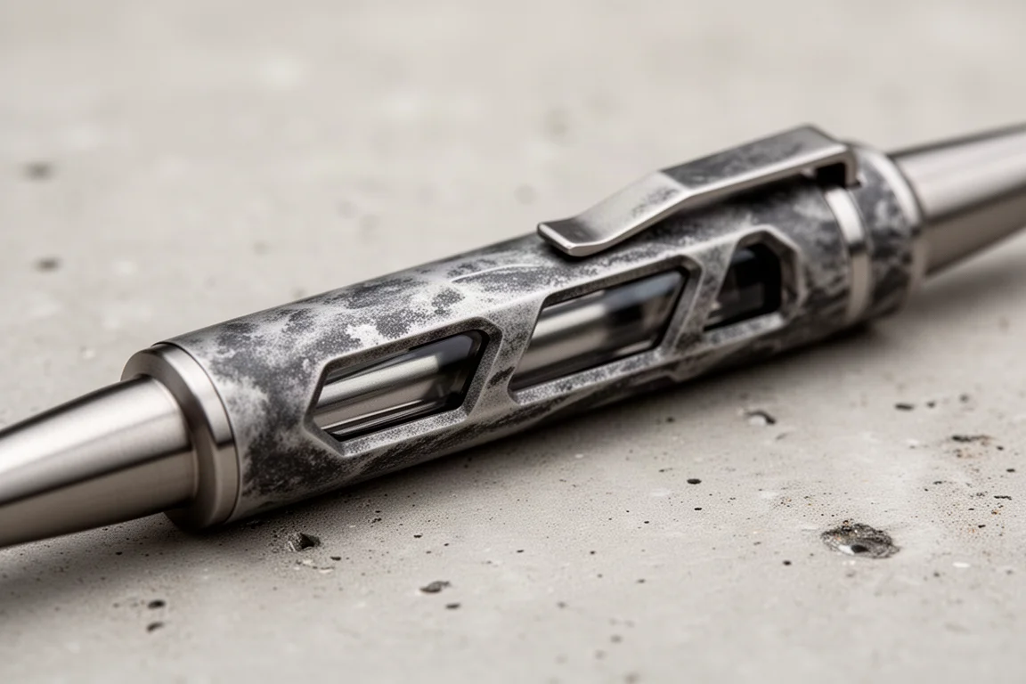 Primo piano del fusto di una penna in titanio con finestre traforate angolari e finitura stone washed
