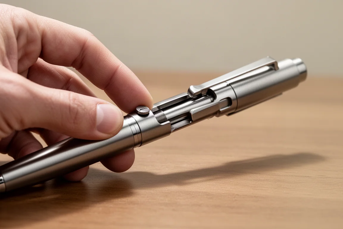 La punta di un dito preme il meccanismo bolt-action di una penna in titanio