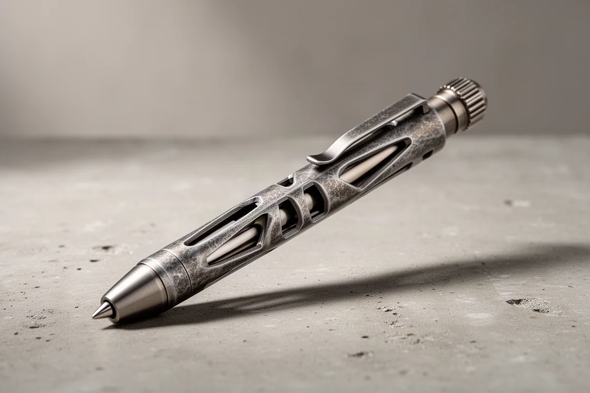 Titanium bolt-action pen with stonewashed finish and cutout windows on concrete