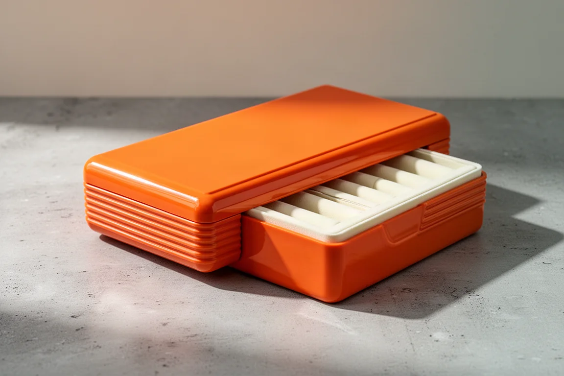 Pen case rigido arancione con interno imbottito bianco crema su una superficie di cemento