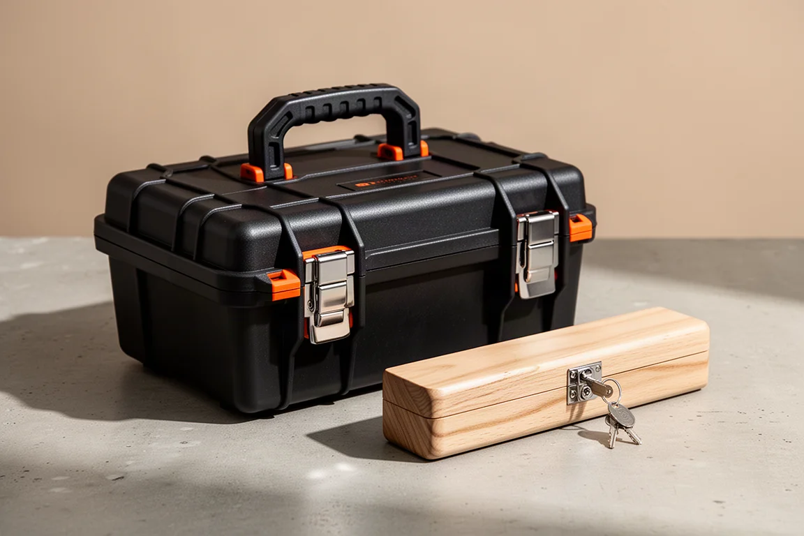 NFP Design hard-shell pen case and wooden six pen case on a concrete surface