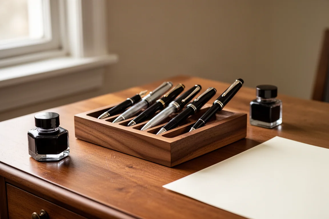 Plateau à stylos en bois avec des stylos plume reposant dans des alvéoles floquées sur un bureau d'écriture