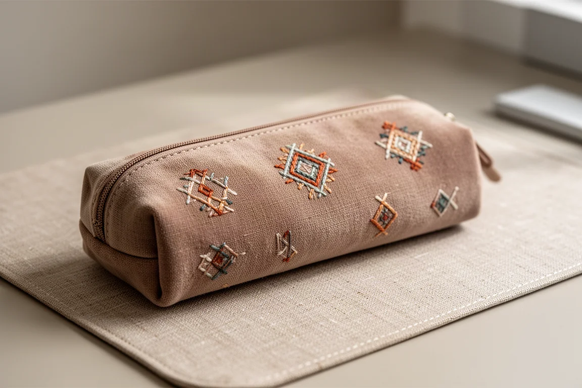 Étui à stylos souple en tissu avec motifs traditionnels brodés posé sur un bureau