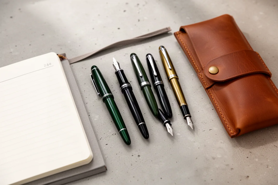 Stylos plume disposés sur un bureau en train d'être sélectionnés pour la semaine