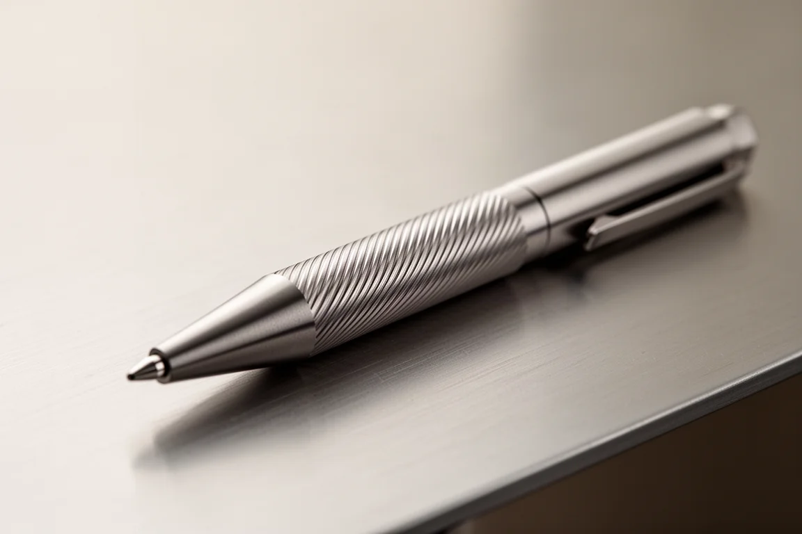 Gros plan sur le corps usiné d'un stylo en titane montrant une texture en spirale rayée