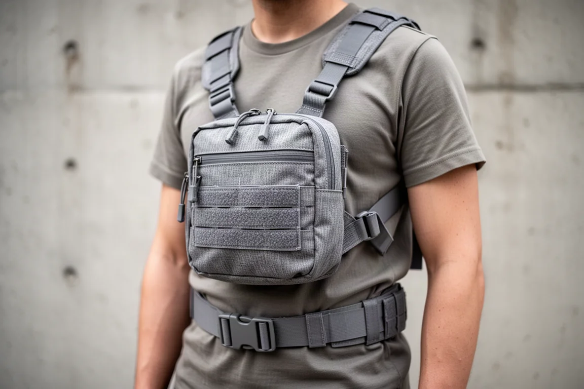 Personne portant un sac pectoral compact ajusté contre le corps