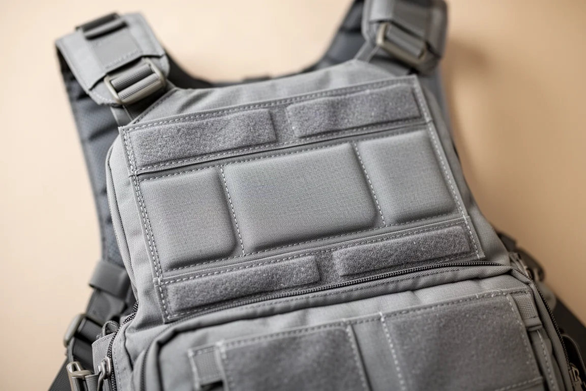 Panneau avant ouvert d'un sac tactique posé à plat comme un plateau