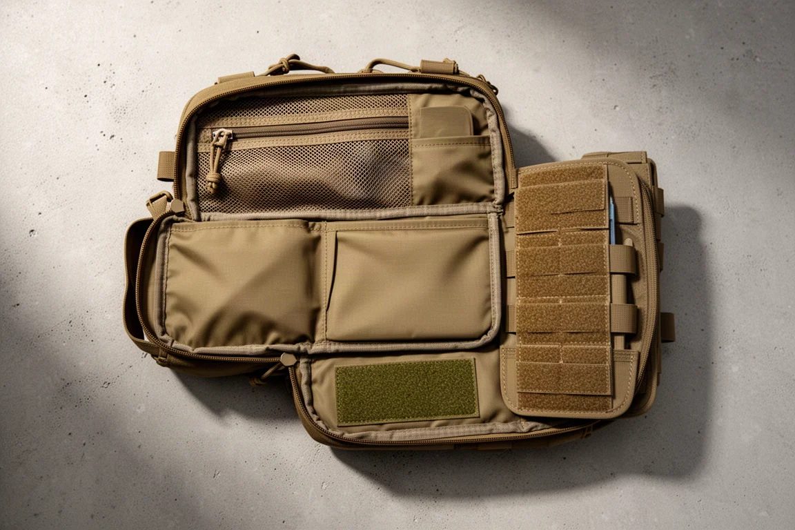 Organisation intérieure d'un sac tactique avec poches en filet et panneau velcro