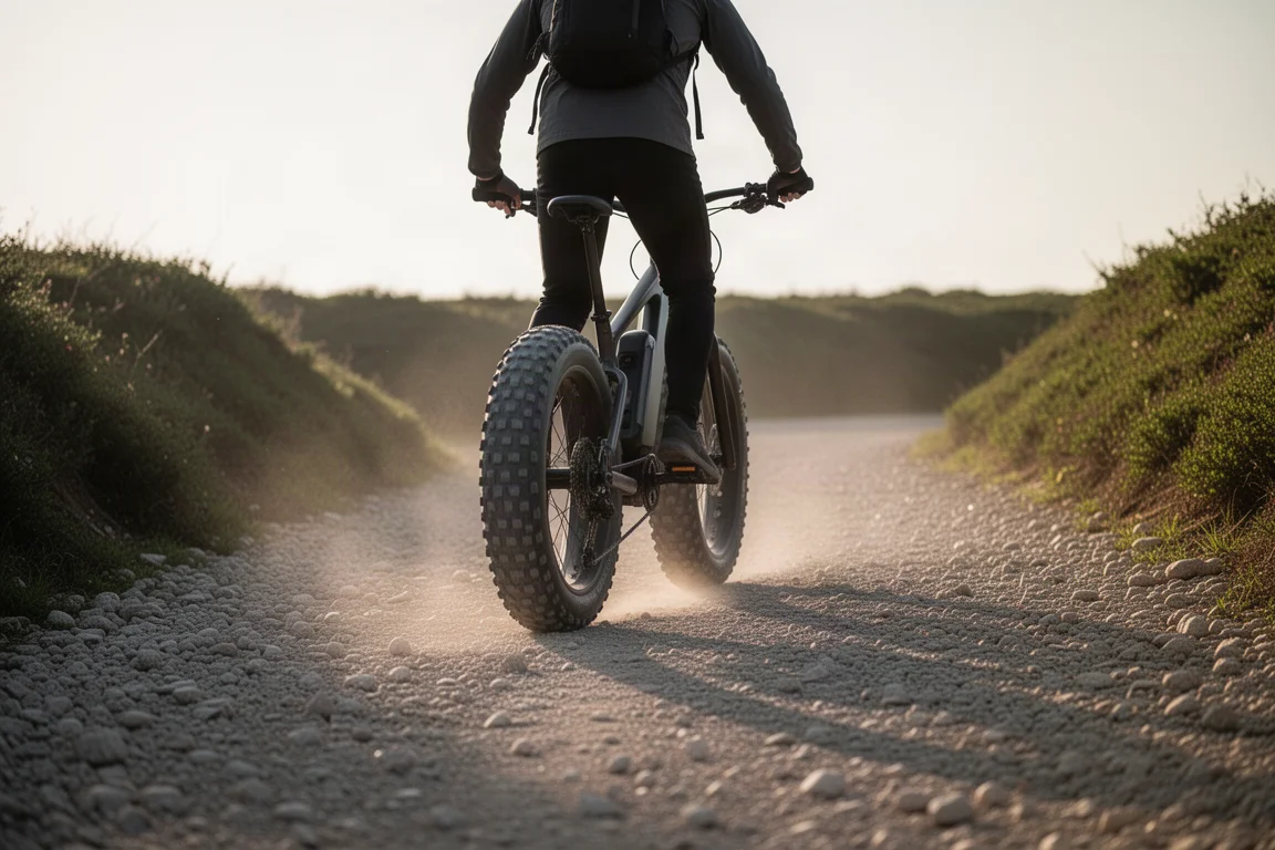 Tall rider on a fat-tire electric mountain bike on a gravel track at golden hour