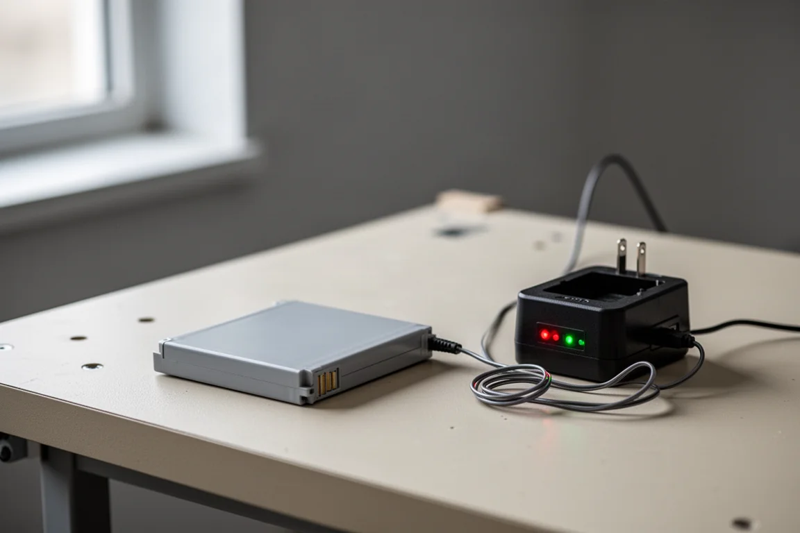 Removable e-bike battery pack on a workbench beside its charger