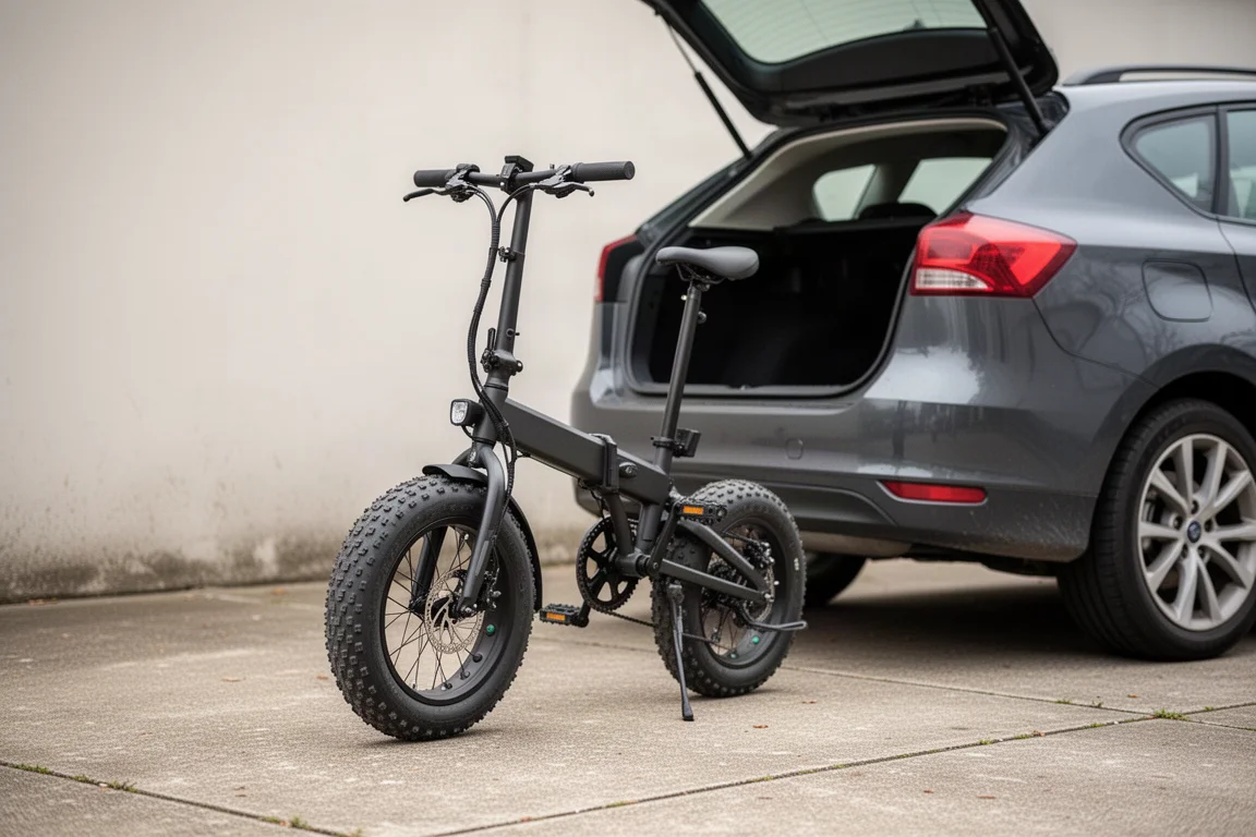 Folded electric fat-tire bike standing beside an open car boot