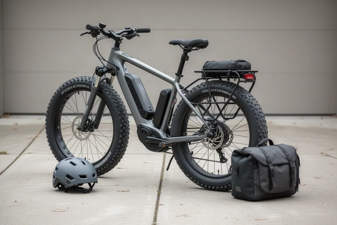 Fat-tire electric mountain bike parked with helmet and pannier bags nearby