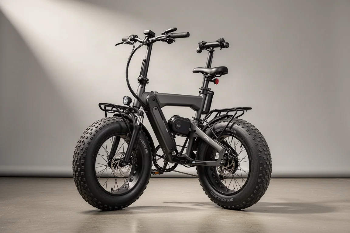 Folding electric fat-tire mountain bike with front suspension and rear rack on concrete