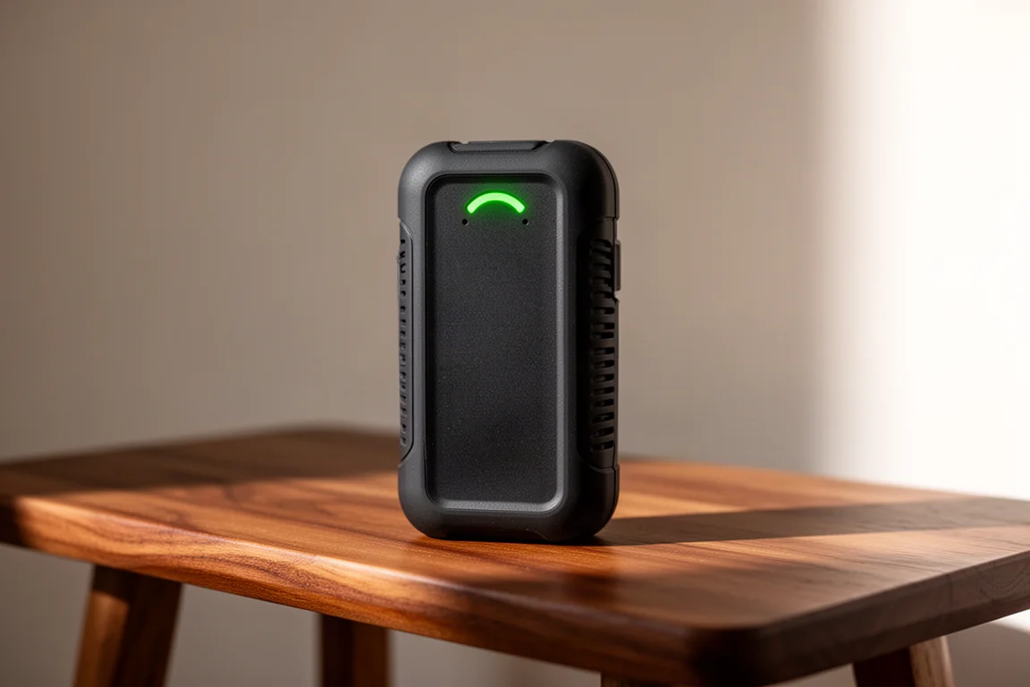 Batteria a scorrimento con indicatore di carica a semicerchio su una panca di legno