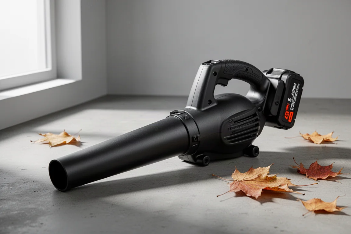 NH Hulk Pro Series handheld battery leaf blower on concrete with scattered leaves