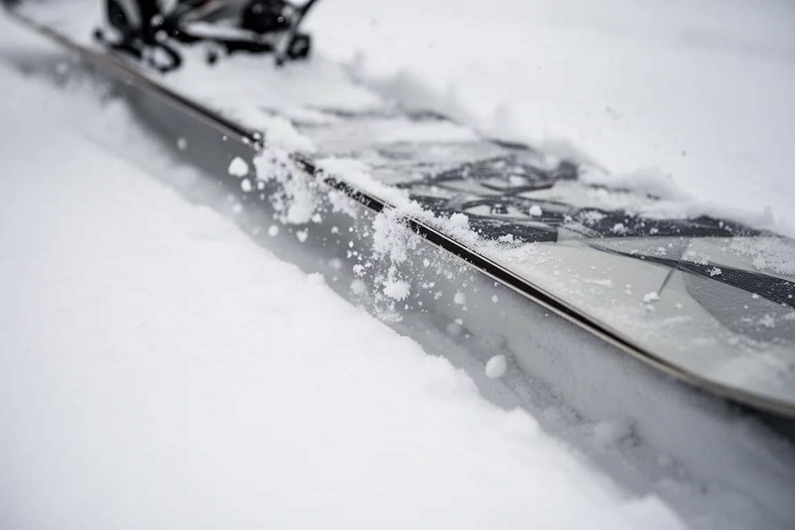 雪板板刃在堅硬平整的雪面上劃出一道乾淨溝槽的特寫