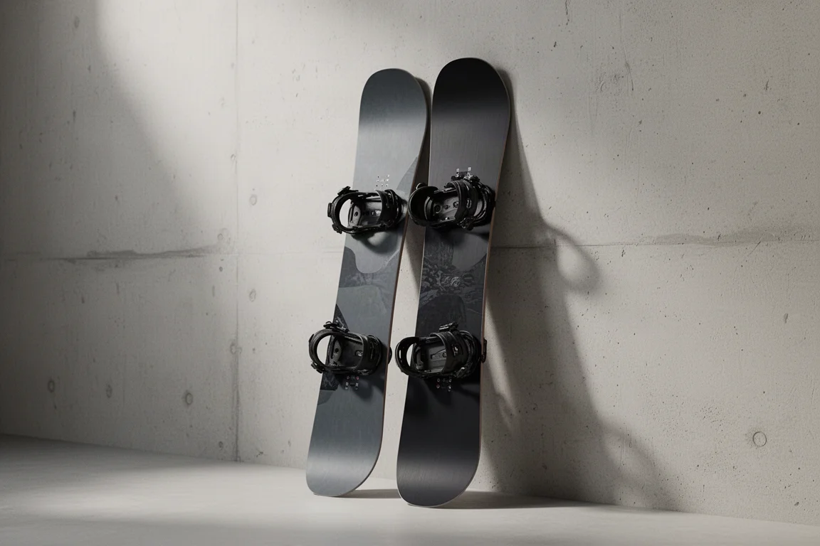 Snowboard with a matte dark topsheet standing upright against a pale concrete wall