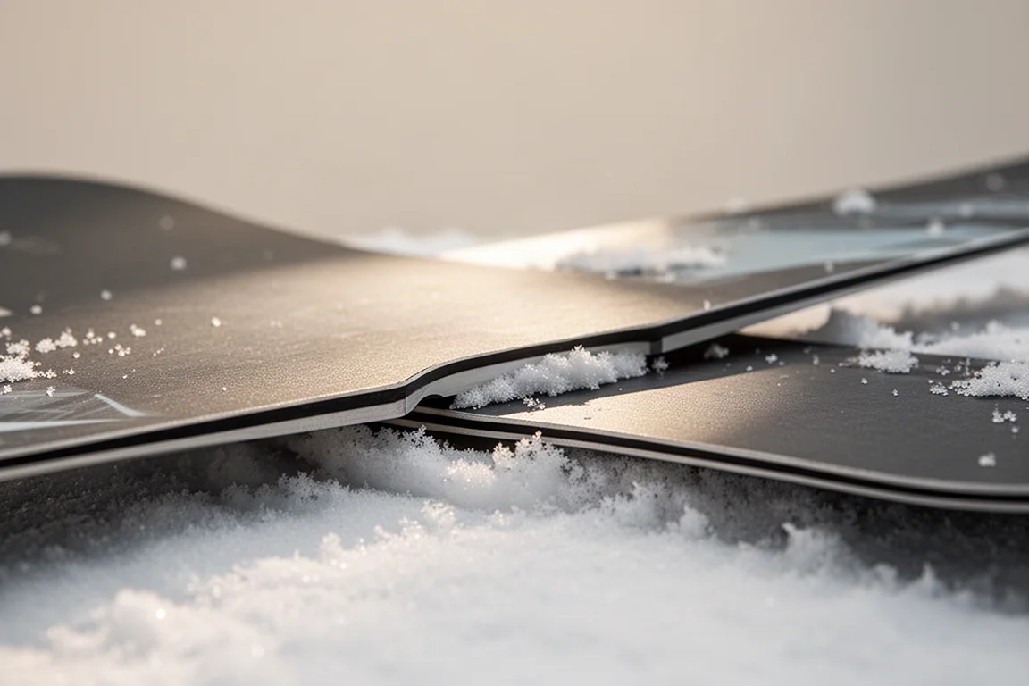Low side angle close-up of a snowboard camber profile resting on packed snow