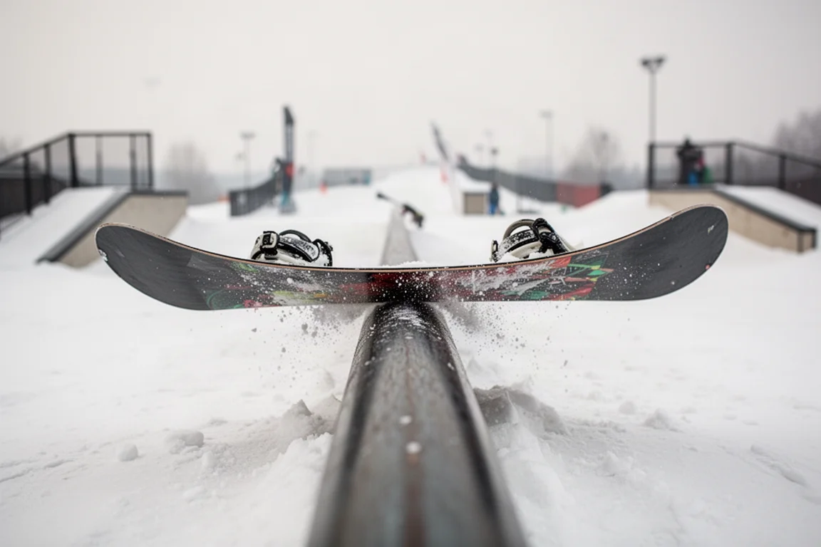 Snowboard pressed along its centre against a low terrain park rail in soft light