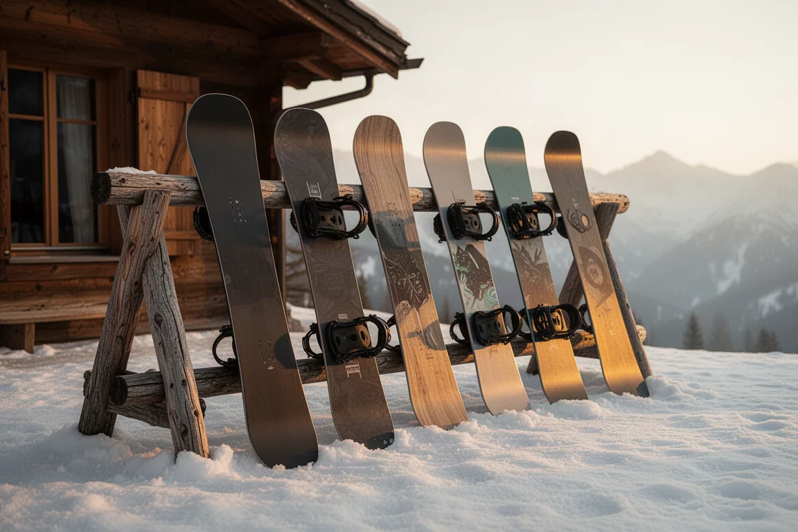 Row of freestyle snowboards leaning against a wooden rack outside a lodge at golden hour