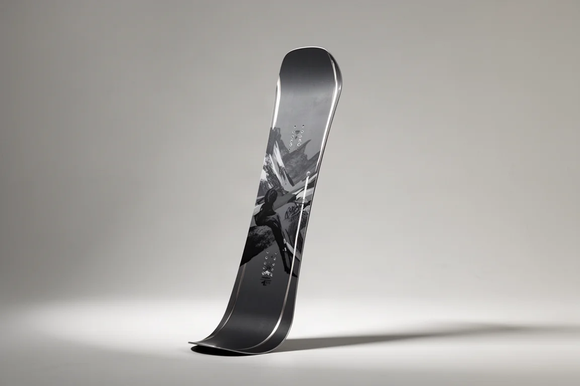 Freestyle snowboard standing upright at a three-quarter angle on a neutral grey backdrop