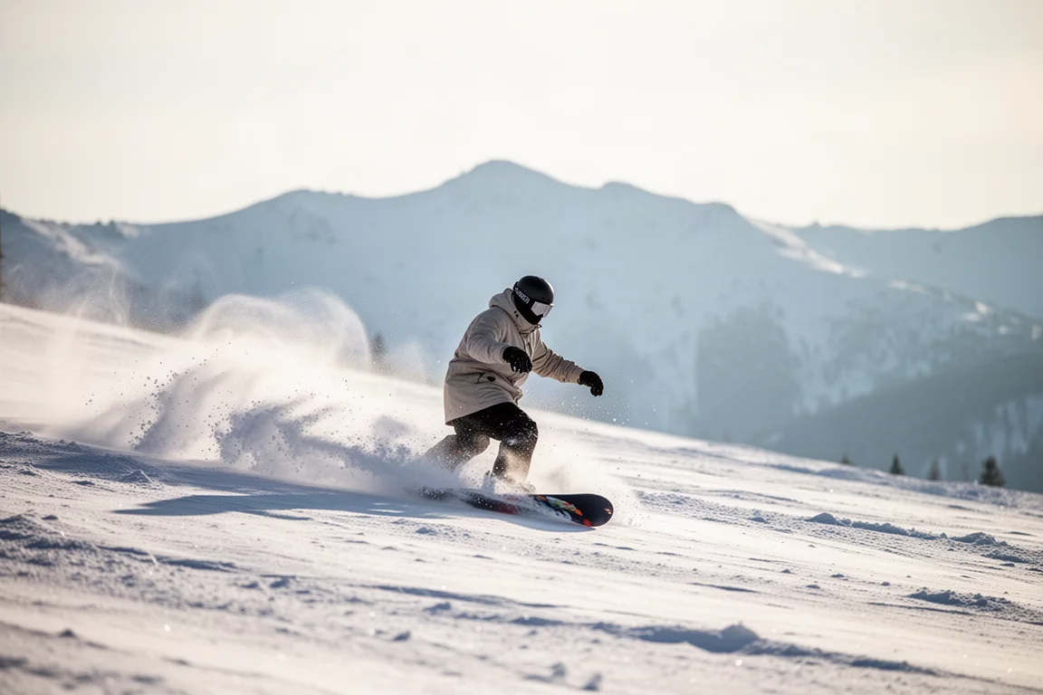 Snowboardzista ścinający skręt w puchu z rozwianym śniegiem w jasny wiosenny dzień