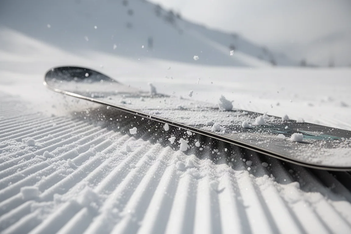 Zbliżenie na krawędź deski snowboardowej tnącej przygotowany stok typu corduroy z luźnym śniegiem