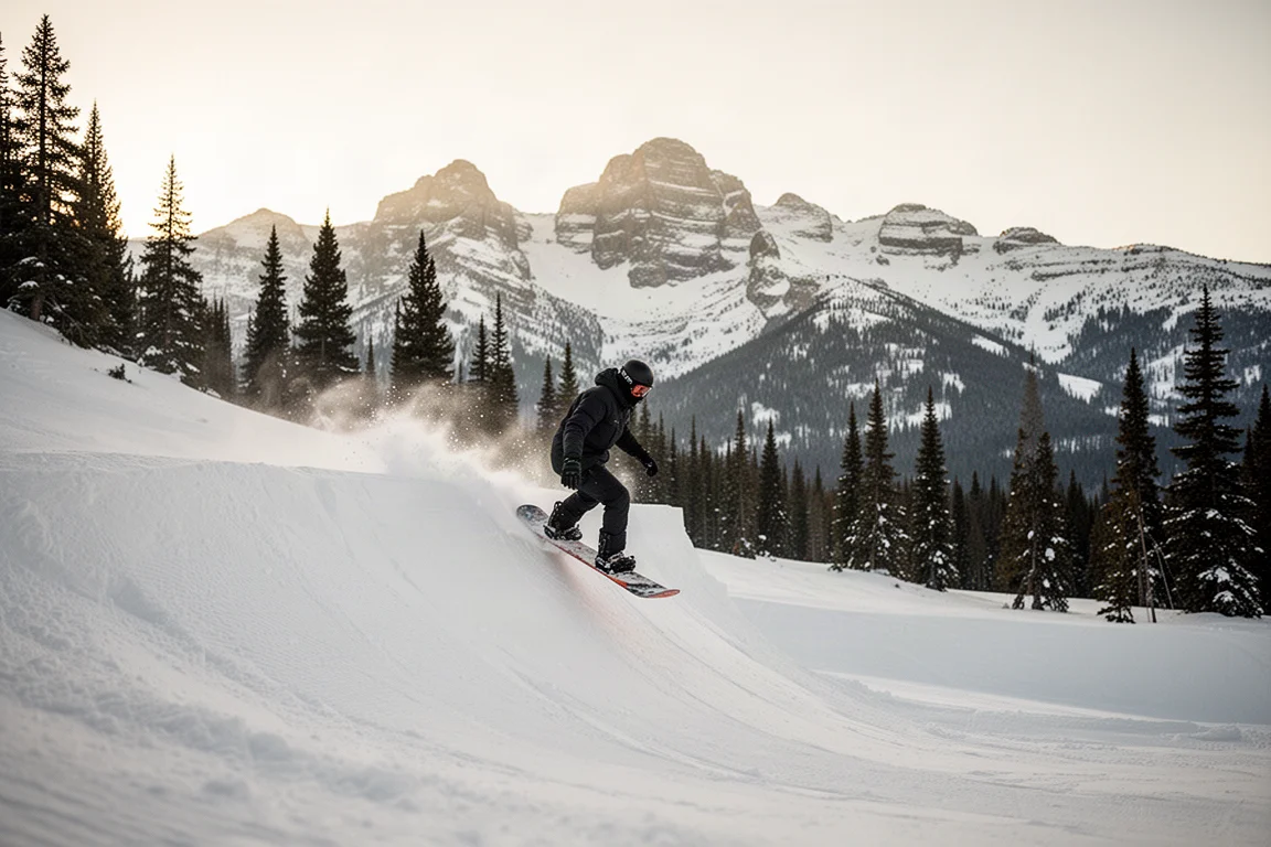Snowboardzista wjeżdżający na wzniesienie przy szerokim stoku z górami w tle