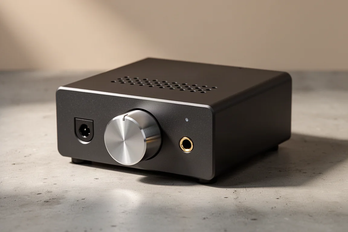Compact desktop headphone amplifier with a single volume knob on a concrete surface