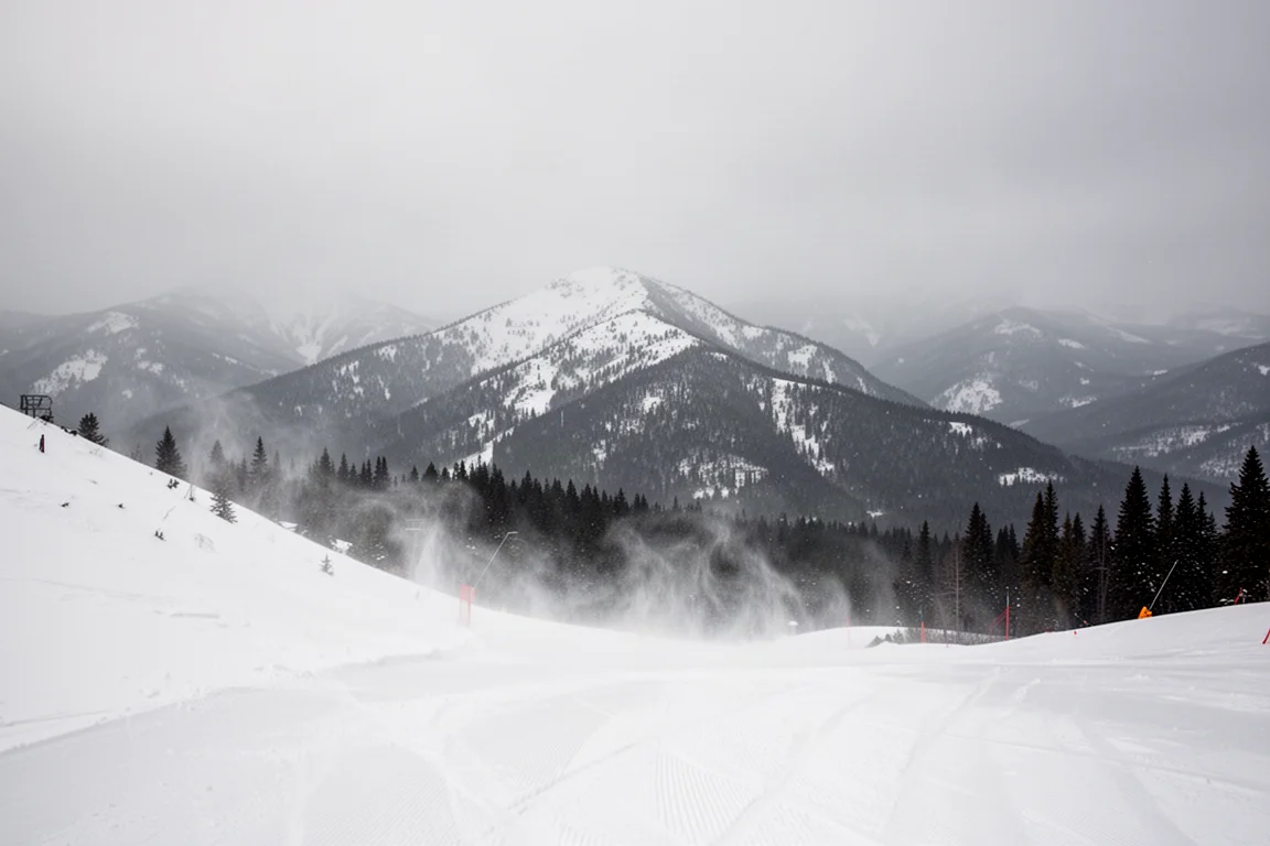 Schneebedeckter Bergkamm bei bedecktem Licht mit verwehtem Schnee an einer präparierten Piste