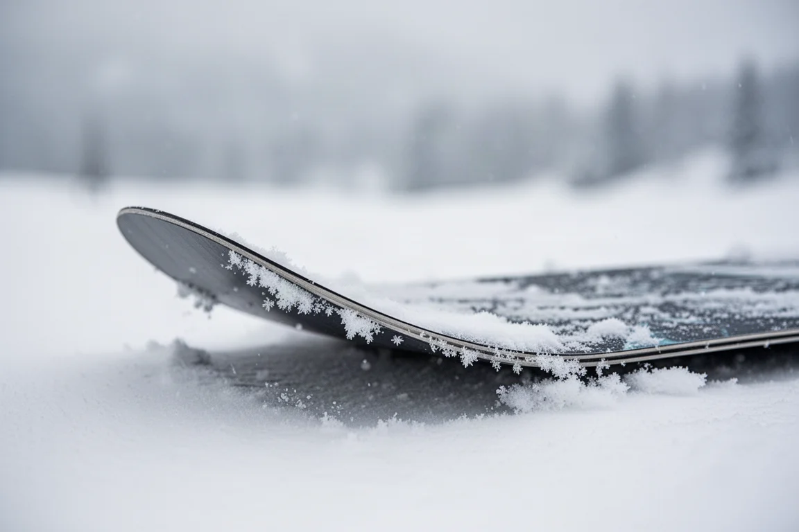 Seitliche Nahaufnahme der Rocker-Nose eines Snowboards, das in frischem Pulverschnee liegt